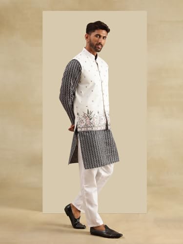 Image of SOJANYA Men's Silk Blend Black Kurta and White Pyjama With Daman Embroidered Black Nehru Jacket