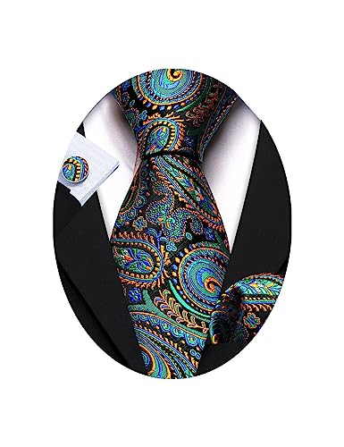 Image of Barry.Wang Classic Mens Ties Silk Necktie Pocket Square Cufflinks Set Woven Designer Wedding Business
