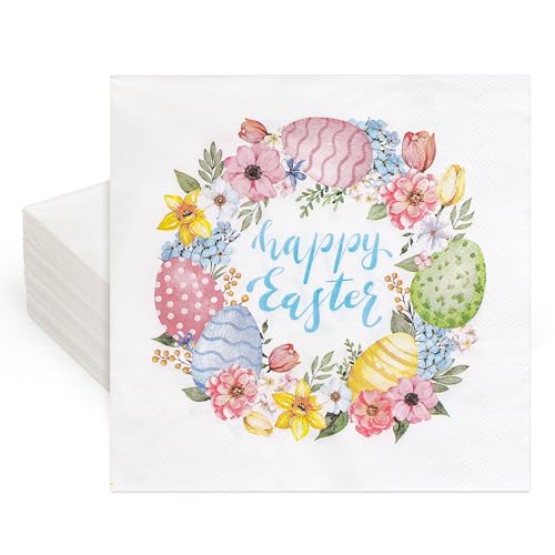 FYSUIMU 50 Pcs Happy Easter Paper Napkins Watercolor Flower Egg Wreath Disposable Napkins Floral Luncheon Dinner Napkin for Spring Holiday Birthday Party Table Supplies