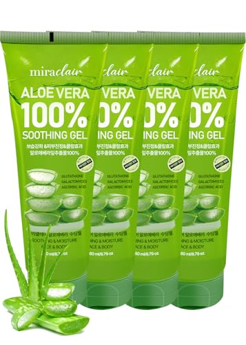 MIRACLAlR Aloe Vera Gel (4PCS) | 100% Pure Aloe Gel for Face, Body & Sunburn Relief - Durable Moisturizing Hydrating Soothing, Squeeze-on Mask, Made in Korea, Travel Size. (4, 8.79 fl.oz)