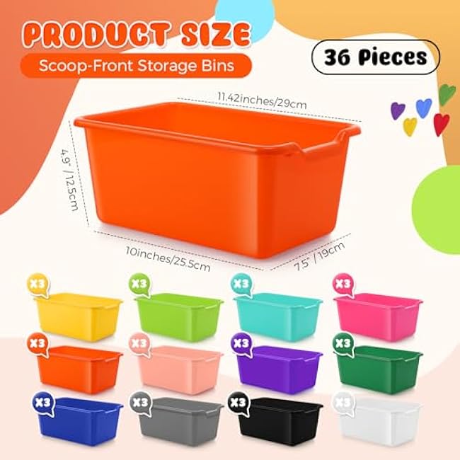 Dandat 36 Pcs Plastic Cubby Bins Book Bins for Classroom Bulk Classroom Organizer Toy Storage Baskets Stackable Storage Containers for Home Office School Library Nursery Playroom(Bright Color)