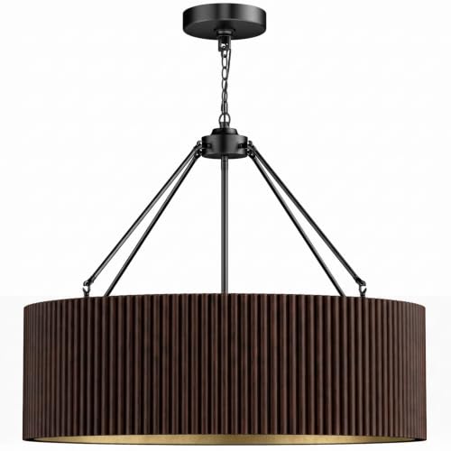 Espird Walnut Wood Drum Chandelier, 24' Large Pendant Lights Kitchen Island