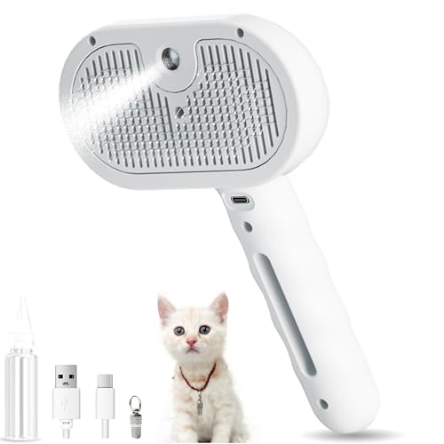 XingRuiTai Pet Brush Hair Removal Steam，Steam Pet Spray Hair Removal Comb for Dogs with Anti-Lost Pendant，3 in 1 Self Cleaning Misting Cat Brush for Shedding for Long Short Haired, White