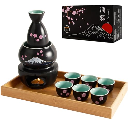 DUJUST Ensemble à saké japonais 10 pièces, ensemble à saké en porcelaine avec motif Sakura & Fuji, 6 coupes à saké, 1 bouteille, 1 réchauffeur, 1 réchaud à...