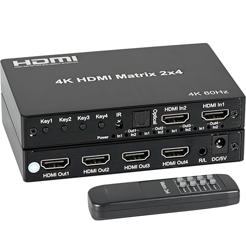 4K 2x4 HDMI Matrix Switch with 3.5mm Stereo Audio Extractor and Audio Optic Output, 2 in 4 Out Video...