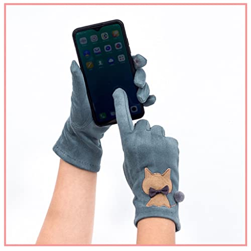 Tjlss Autumn Winter Women Suede Fabric Touch Screen Keep Warm Gloves Thin Fleece Cartoon Cute Drive Cycling Mittens (Color : Gray, Size : One Size) #TOP1