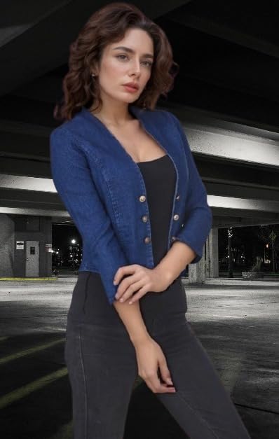 Image of Wingzss Women's Denim Cropped Blazer, Button Front, 3 /4 Sleeve, Sky Blue