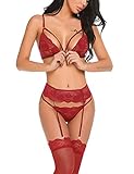  ADOME Moda Conjunto De Lenceria Encaje Floral Sin Forro Bra con Tanga Y Liguero Medias Silky