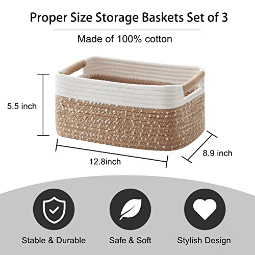 Oiahomy Woven Baskets For Storage, Storage Baskets For Shelves, Cotton Rope Basket Set, Decorative Storage Baskets, Nursery Organization, Rectangle Basket With Handles, Pack Of 3, Yellow And White #TOP5