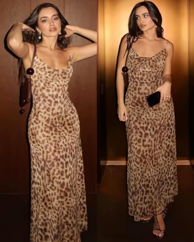 Image of Women's Sexy Sleeveless Tulle Leopard Print Maxi Dress - Elegant Spaghetti Strap Backless Party Dress