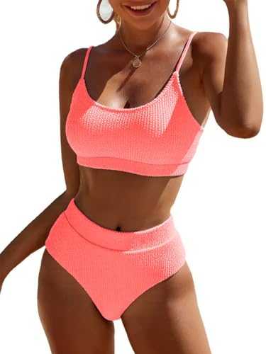 Image of Fanuerg Women's Ribbed High Waisted Bikini Sets Scoop Neck Two Piece Swimsuits Spaghetti Strap Textured Bathing Suit