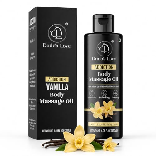 Dudes Love Vanilla Body Massage Oil Organic Non-Sticky Formula with Fractionated Coconut Oil Vanilla & Jasmine Oil -Light Moisturizing Massage Therapy - 4.05 Fl Oz