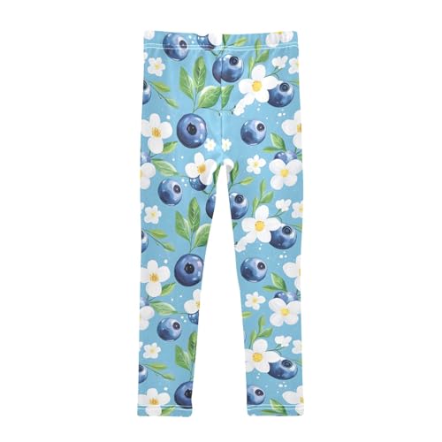 Girls' Athletic Leggings Ankle Length Yoga Dance Pants Kids Teen 4T Blue Berry White Flower2