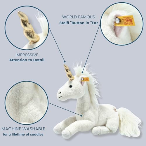 Steiff Unica Schlenker Einhorn weiß liegend 27 cm, Soft Cuddly Friends, Kuscheltier Einhorn, Plüschtier mit Granulatsäckchen in Hufen und Bauch für EIN tolles Fühlerlebnis, Plüsch Stofftier