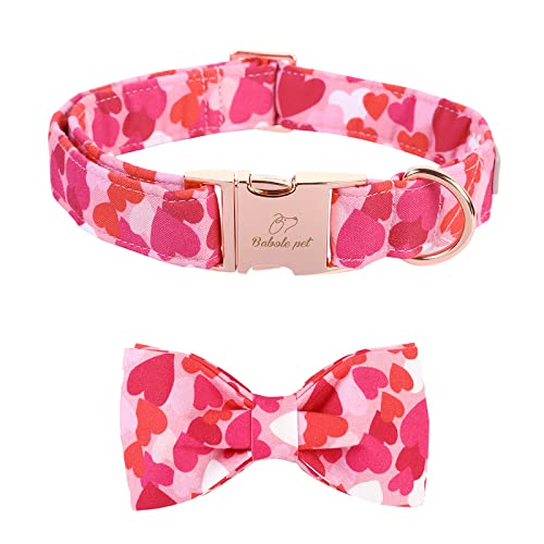 Babole Pet Valentines Dog Collar with Bow Tie, Cotton Love Pink Dog Collar Girl Dog Collar Adjustable Cute Dog Collar with Safety Metal Buckle as Pet Gift for Small Medium Large Dogs M