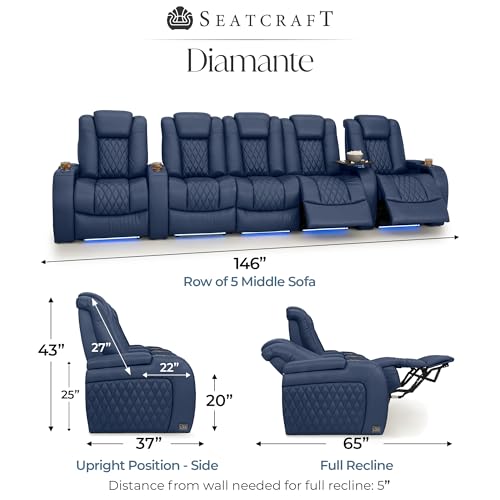 Image of Seatcraft Diamante Navy Blue Italian Leather Home Theater Seating, Zero Gravity Power Recliner, Gaming and Home Office Chair, Powered Headrest Furniture for Cinema Room, Row of 5 Middle Sofa