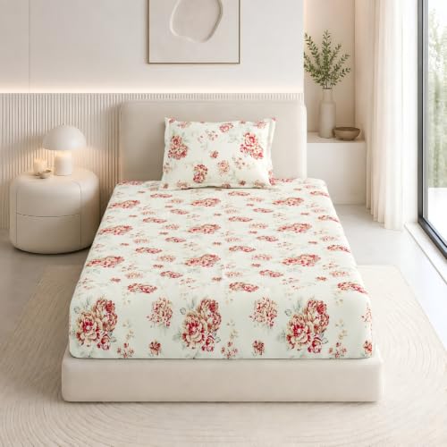Image of Haus & Kinder Elastic Bedsheet Single Bed, 37 x 78 x 11 Inches Single Bedsheet Cotton Elastic Fitted with 1 Pillow Cover, Pure Cotton 186 TC, Breathable Wrinkel Free - English Rose Reverie