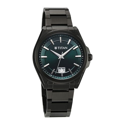Image of Titan Classique Big Date Analog with Green Dial Dark Gun Stainless Steel Strap Watch for Men - 90219QM01