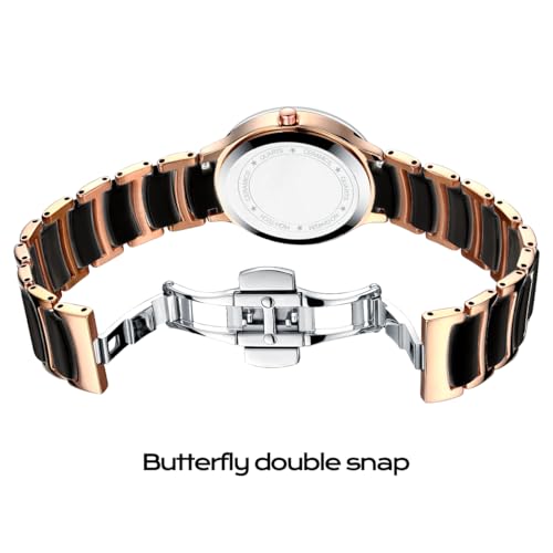 GUANHAO Ceramic Men Watches, Black Chronograph Dial, Dress Quartz Luminous Calendar Wristwatches for Men, Ceramic Band