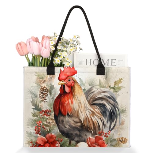 Watercolour Berry Flower Rooster Tote Bag for Women Large 16.5x13x6.7 Inch Shoulder Bag with Zipper Pocket Felt Work Bag for Laptop Travel Shopping Beach Pool3