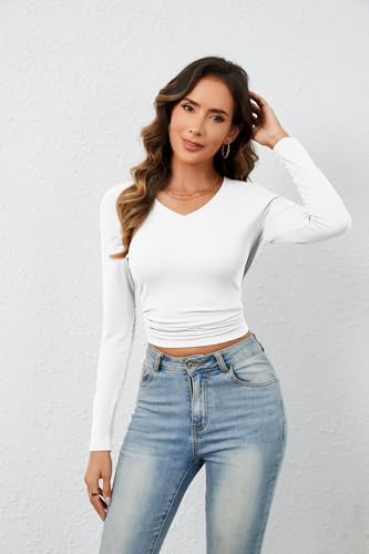 Womens Long Sleeve Tops Fall Fashion V Neck Ribbed Knit Shirts Slim Fit Casual Basic Tee T Shirt for Women 20254