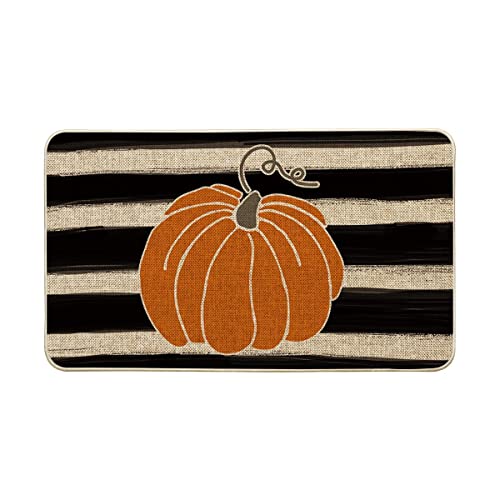 Artoid Mode Watercolor Stripes Pumpkin Decorative Doormat Fall Seasonal Harvest Thanksgiving Vintage Rustic Low Profile Yard Floor Mat Switch Mat for Indoor Outdoor 17 x 29 Inch