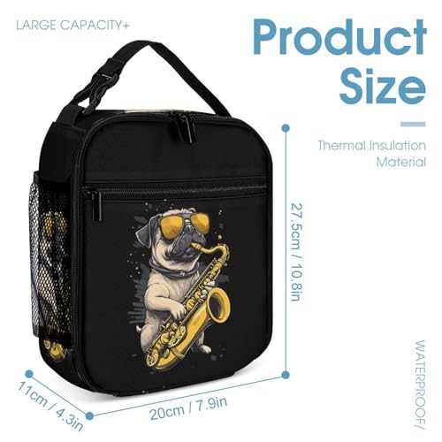 Saxophone Pug Dog Jazz Music Travel Backpack Lunch Box Pencil Case 3Pcs Set for Men Women Office Outing University4