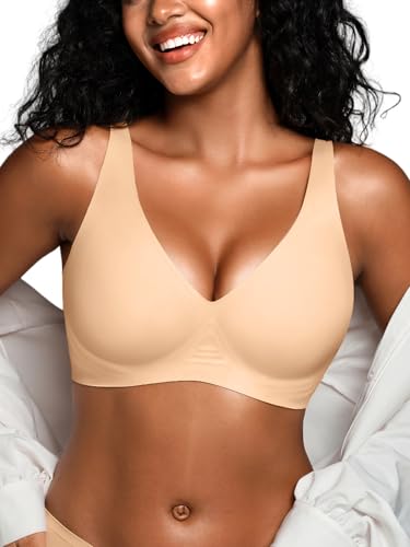 Jelly Bras for Women No Underwire - S-2XL Deep-V Wireless Seamless Bralette with Support, Comfortable Padded T-Shirt Bra
