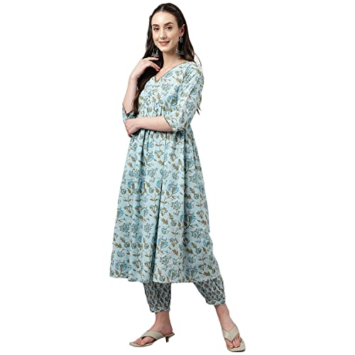 Image of FIORRA Women's Light Blue Pure Cotton Flared Kurta with Pant