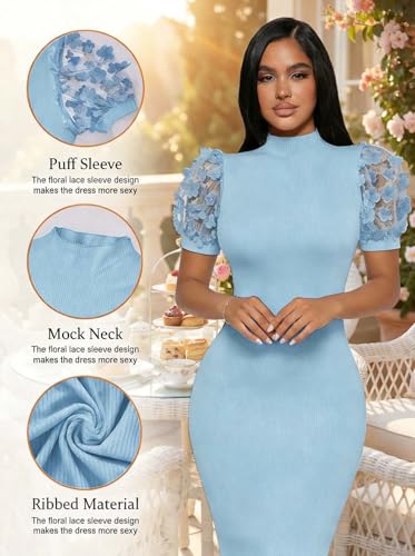Image of Annystore Women's Mesh See Through Sheer Dress Short Puff Sleeve Bodycon Dress Mock Neck Sexy Club Party Midi Dress Clubwear
