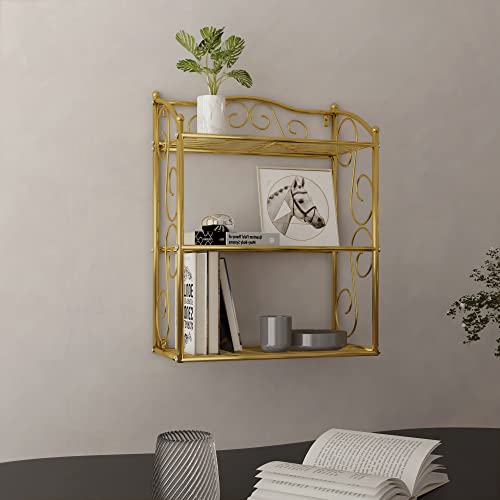 Yadoolife Metal Wire Wall Shelf Unit, 3-Tier Wall Mounted Gold Floating Shelves With Liners, Hanging/Standing Storage Shelving Rack For Pantry Bathroom Office Home Organization #TOP3