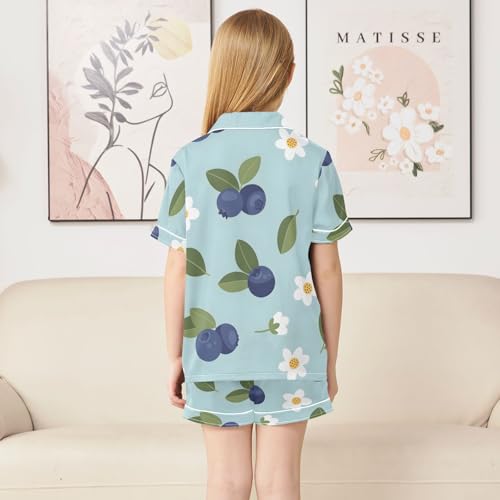 Satin Pajama Sets Short Sleeve Blueberry Flower Leaf Pattern Button Down Silky Nightwear 2 Piece PJS 5-14Y4