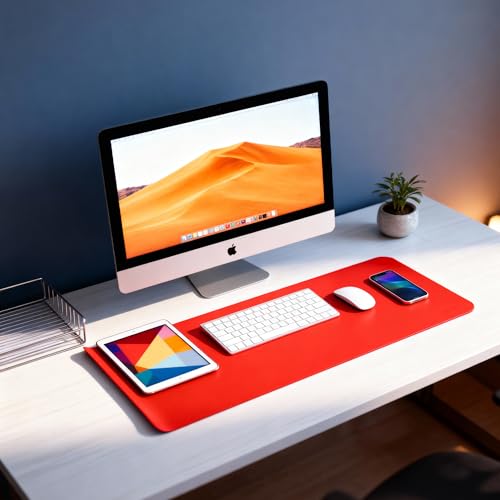 Image of Reversible Desk Mat 90x45 CM - Large Vegan Leather Office Desk Pad | Mouse Pad for Work from Home & Office | Anti-Slip Leather | Waterproof, Splash-Proof Desk Accessories (Orange & Red)