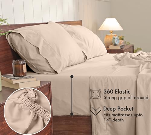 Image of RUVANTI 100% Cotton Percale Sheets Full - Crisp Cooling Summer Bed Sheets for Hot Sleepers, Deep Pocket 14 inch, Soft Peach Finish, Breathable & Durable Hotel-Style 4 Piece Set, Irish Cream