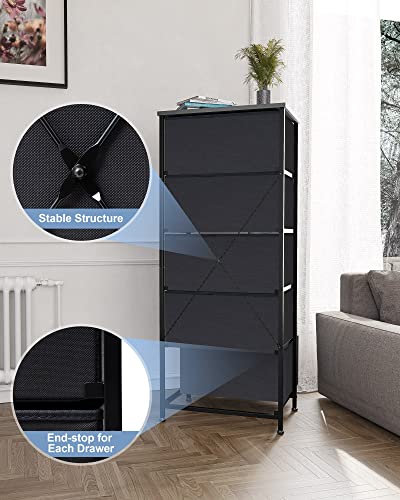 Crestlive Products Vertical Dresser Storage Tower - Sturdy Steel Frame, Wood Top, Easy Pull Fabric Bins, Wood Handles - Organizer Unit For Bedroom, Hallway, Entryway, Closets - 5 Drawers (Black) #TOP6