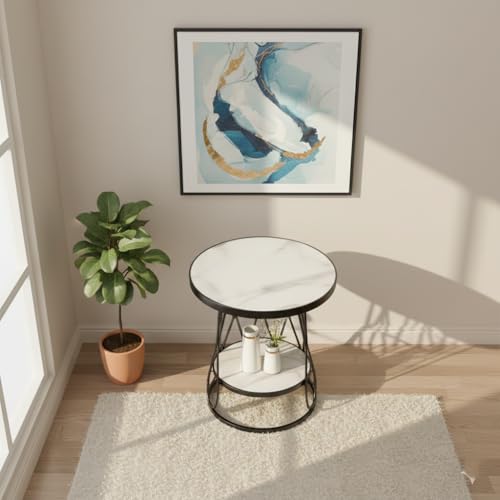 Image of End Tables Living Room, Nesting Tables with Rectangle Steel Frame, Round Coffee Table for Living Room, Bedroom, Office (White)