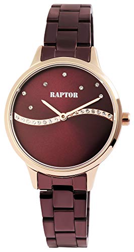 Raptor Damen-Uhr Edelstahl Welle Strass-Steine Elegant Analog Quarz RA10196 (violett/roségoldfarbig)