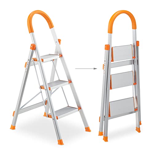 Relaxdays Trittleiter, 3 Stufen, klappbare Haushaltsleiter, Alu, bis 150 kg, Sicherheitsleiter mit Griff, Silber/orange
