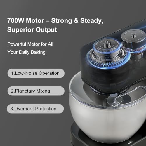 Newiceaid Stainless Steel Stand Mixer, 6-Speed Tilt-Head Mixer with 700W Powerful Motor, 7.4QT Bowl, Electric Kitchen Mixer with Dough Hook, Beater, Whisk for Baking & Dough Making-Black - Image 4