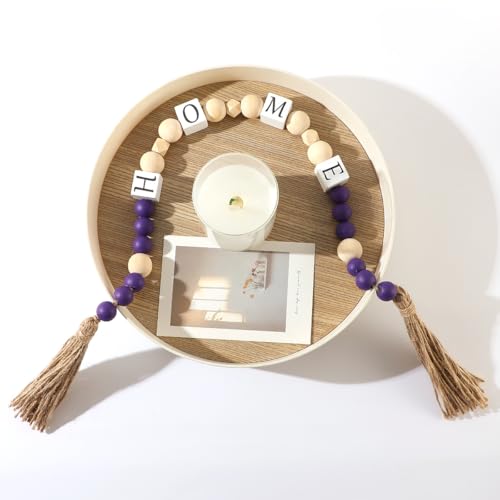 Handmade Modern Farmhouse Wood Bead Garland – Rustic Decorative Tassel Wreath with Letter Blocks for Tabletops, Mantel, Tiered Trays, Boho Home Decor, Holiday & Housewarming Gifting (Purple)