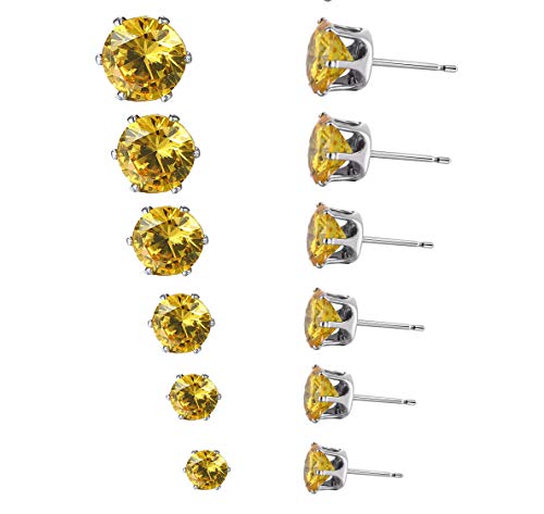 6 Pairs 18K Rose Gold Plated Sliver Plated CZ Stud Earrings Simulated Diamond Round AAA Cubic Zirconia Ear Stud Set (3-8mm) (Gold Yellow)