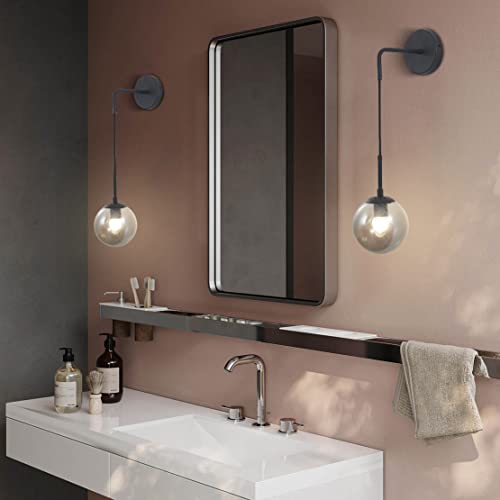 Image of BOKT Modern Smoke Gray Glass Ball Wall Sconce Lighting Mid Century Matte Black Wall Mount Light Fixture Vanity Globe Bathroom Wall Lamp (Black+Smoke Gray)