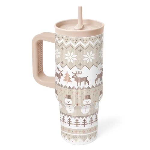 Holiday Season Stainless Steel Tumbler with Handle, 40 Ounce Locking Lid and Silicone Straw for Sports and Travel Women Girl Teen