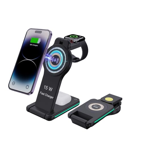 3-in-1 Wireless Charging Station for iPhone and Apple Watch, 15W Fast Charging Stand, Auto-Clamping, Foldable Design with Night Light, Compatible with iPhone 16/15/14/13/12/11/X/XS (Black)