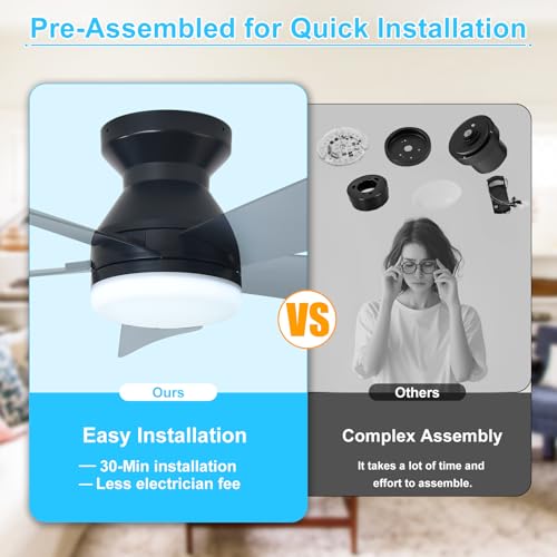 Image of Depuley Modern Ceiling Fan with Light: 25-Inch Black Small Fans for Bedroom Indoor Outdoor - Dimmable Low Profile Ceiling Fans with Remote Control Flush Mount 5 Reversible Black Blades 6 Speeds Timer