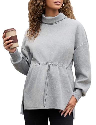 Maternity Turtleneck Sweatshirt Long Sleeve Oversized Pullover Tops Side Slit Tunic Shirts with Drawstring Waist,Heather Gray M