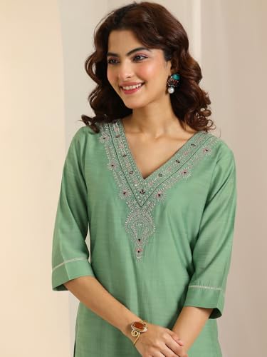 Image of Libas Green Yoke Design Silk blend Straight Kurta set for Women | daily wear suit
