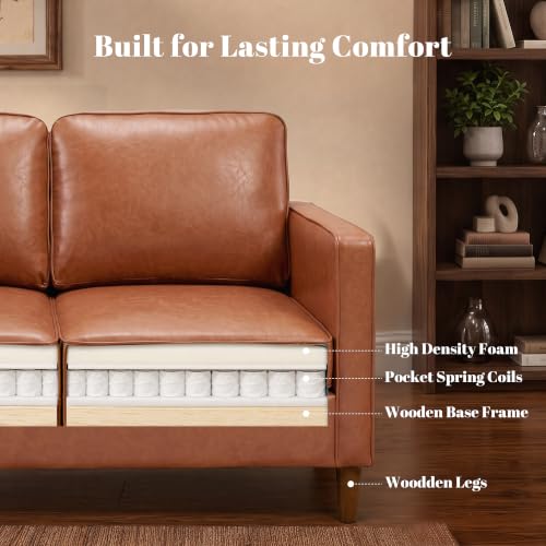 Image of 80 inch Faux Leather Sofa Mid Century Modern 3 Seater Couch for Living Room | Removable Seat & Backrest Covers, Side Storage Pocket, Wood Legs, Office, Apartment, Bedroom