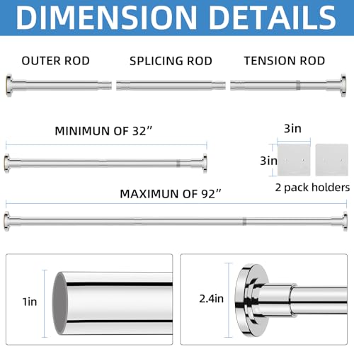 Image of CorkLatta Chrome Shower Curtain Rod,1 Inch Diameter Stainless Steel Adjustable Spring Tension Rods 32 to 92 inch,with Holders,Anti-Slip,Curtain Rods No Drilling(1 Pack)