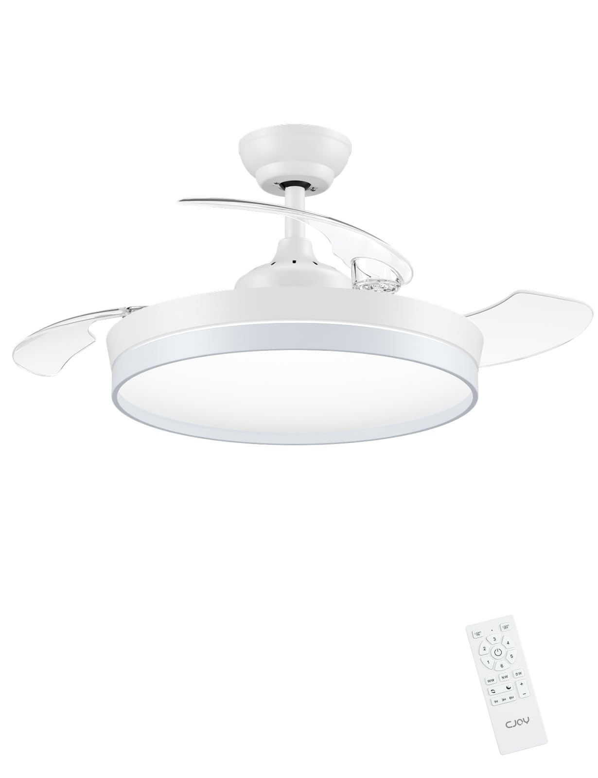 CJOY Ventilador Techo Aspas Retráctiles,107cm Ventilador de Techo con Luz y Mando Regulable, Ventiladores Techo Silencioso DC Reversible, 6 Velocidad, Memoria 3 CCT, Temporizador, Reposo Dormitorio